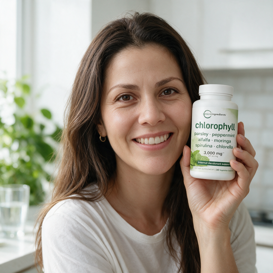 Mujer sonriendo con un frasco de Clorofila Biovitality en cápsulas