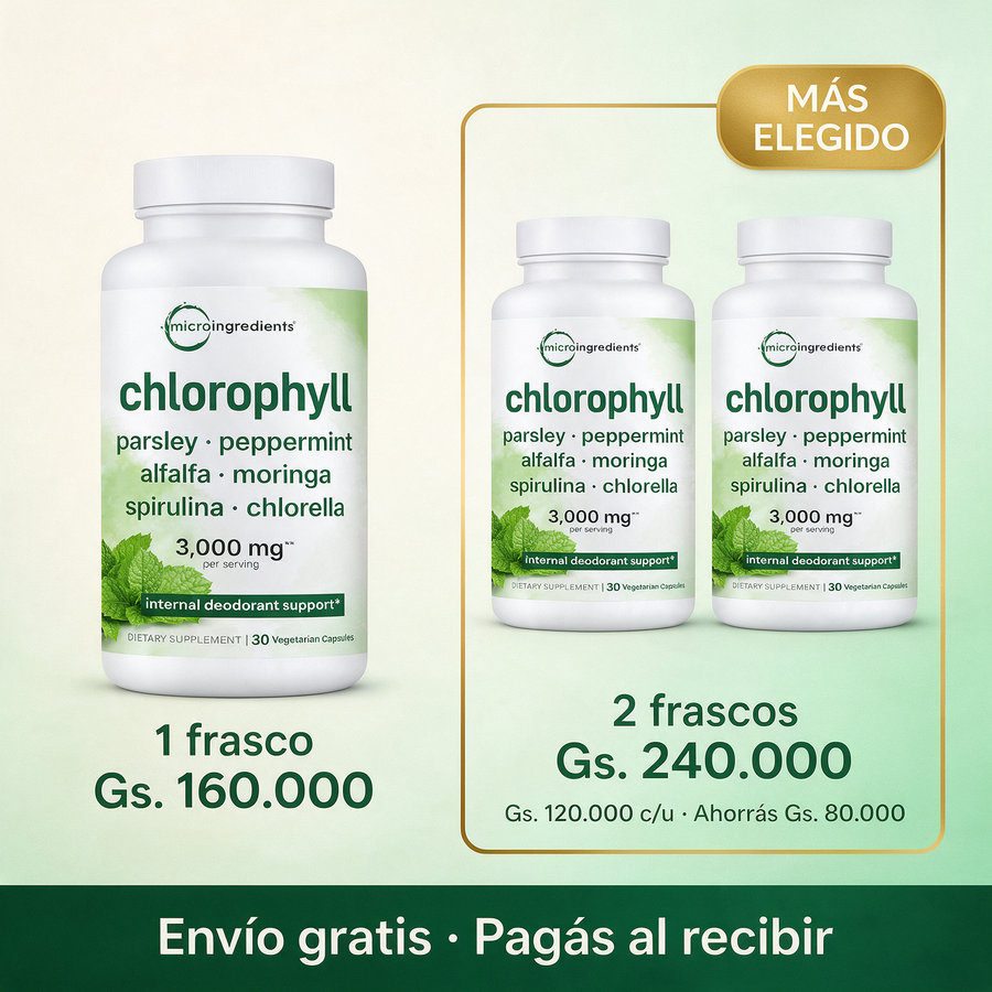 Oferta Clorofila Biovitality: 1 frasco Gs. 160.000 o 2 frascos Gs. 240.000, envío gratis y pago al recibir